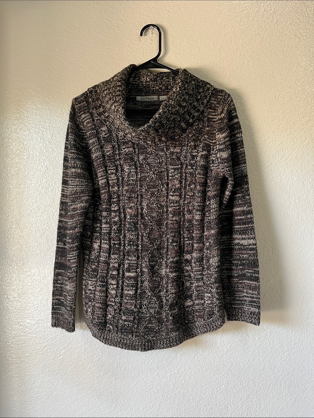 jason maxwell Marled Brown and Gray Cable Funnel Neck Sweater Sz L Comfy Chic